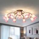 Lily/Tulip Metal Ceiling Light Country 10/12 Bulbs Living Room LED Semi Flush Mount Lighting in White/Purple/Beige