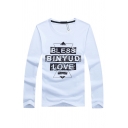 Classic Trendy Long Sleeve Round Neck Letter BLESS BINYUD LOVE Printed Fitted T Shirt for Men