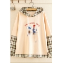 Classic Ladies' Long Sleeve Drawstring Letter THE LUNCH DATE Cartoon Embroidered Checkered Patchwork Loose Fit Hoodie