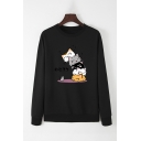 Simple Female Long Sleeve Crew Neck Japanese Letter Cat Graphic Loose Fitted Pullover Sweatshirt Top