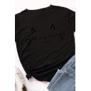 Stylish Ladies Roll Up Sleeve Crew Neck Letter OH MY CAT Cat Printed Relaxed Fit Graphic Tee
