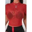 Sexy Womens Red Short Sleeve Mock Neck Letter EL DIABLO Cartoon Embroidery Semi-Sheer Mesh Fitted Crop Tee