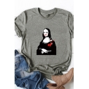 Whole-Sale Girls Roll Up Sleeve Crew Neck Scary Mona Lisa Printed Relaxed Fit T-Shirt