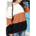 Women's Popular Leisure Long Sleeve Drop Shoulder Striped Colorblock Chunky Knit Relaxed Sweater