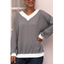 Women's Stylish Long Sleeve V-Neck Contrast Piped Waffle-Knit Relaxed Fit Sweater Top for Gray