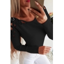 Trendy Ladies' Plain Long Sleeve Round Neck Pearl Embellished Hollow Out Fitted Knit T Shirt