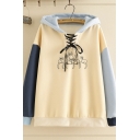 Cute Kawaii Girls' Long Sleeve Lace Up Front Cartoon Cat Printed Color Block Relaxed Fit Hoodie