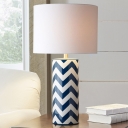 Cylinder Desk Light Modernism Fabric 1 Bulb Nightstand Lamp in White with Ceramic Base