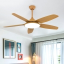 Modern 6 Blades Pendant Fan Light LED Wood Semi Flush Ceiling Lamp in Beige for Living Room, 52