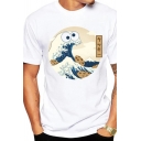 Casual Summer Short Sleeve Crew Neck Japanese Letter Funny Wave Graphic Slim Fitted T-Shirt in White