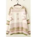 Trendy Girls Long Sleeve Crew Neck Snowflake Elk Checker Printed Colorblock Loose Fit Thick Sweater