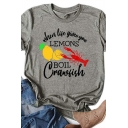 Leisure Womens Roll-Up Sleeve Crew Neck Lemon Lobster Letter Printed Relaxed Tee in Dark Gray