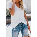 Fashionable Classic Solid Color Short Sleeve V-Neck Relaxed Fit T-Shirt for Women