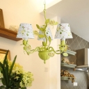 Countryside Conical Chandelier Light Fixture 3/6/8 Bulbs Metal Drop Pendant in Green with Fabric Shade