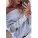 Edgy Girls' Plain Long Sleeve Off the Shouler Button Detail Relaxed Fit T Shirt