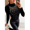 Cool Stylish Long Sleeve Mock Neck Rhinestone Decoration Fitted Knit Top in Black