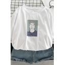 Chic Womens Three-Quarter Sleeve Round Neck Cartoon Printed Loose Fit Tee Top