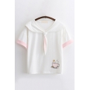 Preppy Girls Short Sleeve Peter Pan Collar Tied Front Rabbit Printed Contrast Piped Relaxed T-Shirt