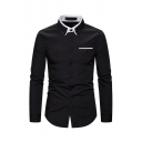 Popular Guys Long Sleeve Lapel Collar Button Down Contrast Piped Relaxed Fit Shirt