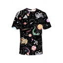 Stylish Mens Short Sleeve Crew Neck All Over Mixed Cartoon Printed Relaxed T Shirt in Black