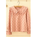 Lovely Stylish Ladies Long Sleeve Peter Pan Collar Button Down Polka Dot Print Stringy Selvedge Relaxed Fit Shirt in Pink