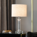 Modern Cylindrical Desk Light Fabric 1 Bulb Night Table Lamp in White with Crystal Base