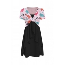 Fashionable Women's Short Sleeve V-Neck Animal Printed Twist Front Ruffle Trim Long Pleated A-Line Two Piece Sets Dress