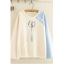 Cute Girls' Long Sleeve Round Neck Rabbit Embroidered Fringe Frog Button Colorblocked Relaxed Fit Sweatshirt