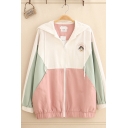 Trendy Long Sleeve Hooded Zipper Front Letter MILKY Cartoon Embroidered Colorblock Drawstring Relaxed Jacket
