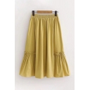 Classic Ladies Solid Color Elastic Waist Stringy Selvedge Pleated Long A-Line Skirt