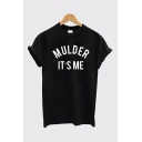 Cool Black Roll-Up Sleeve Crew Neck Letter MULDER IT'S ME Printed Relaxed Tee Top for Women