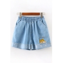 Casual Cute Girls Elastic Waist Japanese Letter Dog Embroidery Rolled Cuffs Relaxed Fit Denim Shorts