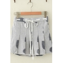 Unique Elegant Womens Bow Tied Waist Houndstooth Heart Pattern Mini Pleated A-Line Skirt in Gray