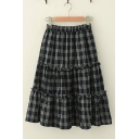 Popular Elastic Waist Checkered Printed Stringy Selvedge Ruffled Midi Pleated A-Line Skirt for Women
