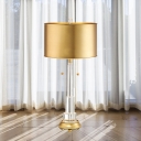 Modern Cylinder Table Light Cut Crystal 1 Bulb Nightstand Lamp in Gold with Pull Chain