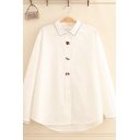 Lovely Basic Girls Long Sleeve Lapel Collar Button Down Footprint Fish Cat Embroidery Contrast Piped Loose Shirt in White