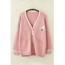 Girls' Preppy Looks Long Sleeve V-Neck Button Down Rabbit Embroidery Floral Print Contrast Piped Knit Cardigan