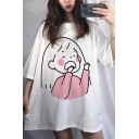 Kpop Girls Short Sleeve Round Neck Comic Girl Oversize Tee in White