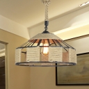Beige 1 Bulb Hanging Light Fixture Farmhouse Rope Drum Frame Suspended Pendant Lamp, 12