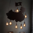 Black Map and Flag Pendant Vintage Metal 7-Light Restaurant Hanging Ceiling Lamp