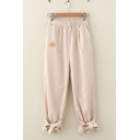 Pretty Girls Elastic Waist Cartoon Embroidery Bow Tied Cuffed Carrot Fit Trousers