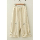 Preppy Girls Elastic Waist Cute Dog Embrodiered Drawstring Cuffs Long Relaxed Straight Pants