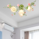 Metal White/Green Ceiling Fixture Scalloped 4 Bulbs Pastoral Flower Semi Flush Light for Bedroom