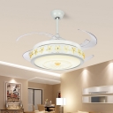Metallic Drum Semi Flush Lighting Contemporary Living Room LED Pendant Fan Lamp in White with 4 Clear Blades, 42