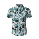 ancy Boys Short Sleeve Lapel Neck Button Down All Over Leaf Pattern Slim Fit Hawaii Shirt