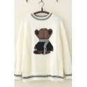 Lovely Girls Long Sleeve Round Neck Bear Printed Striped Cable Knitted Relaxed Sweater