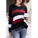 Casual Warm Long Sleeve Round Neck Stripe Patterned Button Detail Loose Fit Sweater Top for Ladies