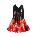 Pretty Ladies' Red Long Sleeve Scallop Neck Bow Tie Waist Gift Santa Snowman Printed Maxi Pleated Swing Dress