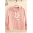 Cute Pretty Girls' Long Sleeve Drawstring Floral Deer Embroidery Relaxed Fit Hoodie