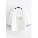 Cute Girls' Long Sleeve Round Neck Letter HEY Cartoon Printed Contrast Piped Loose Graphic Tee